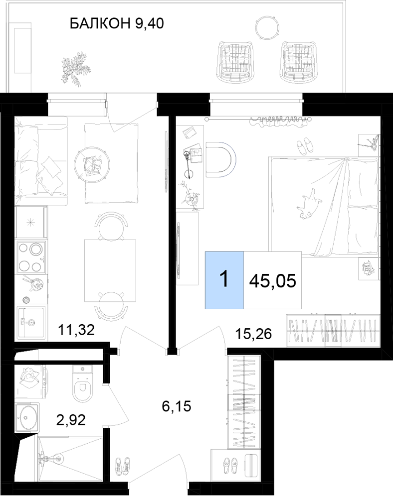 Планировка 2-комнатная 45,05 м²