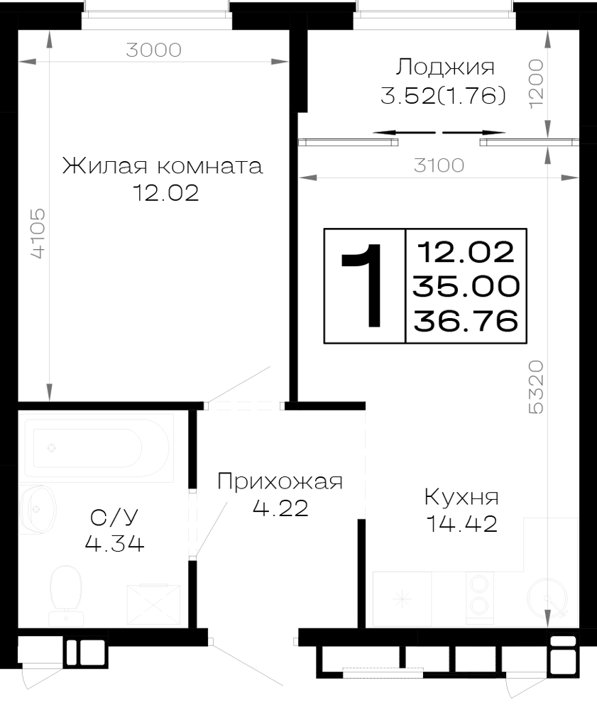 Планировка 1-комнатная 36,76 м²