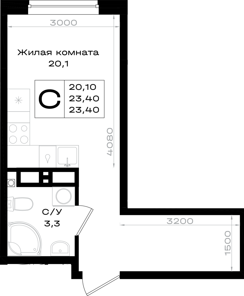 Планировка Студия 23,4 м²