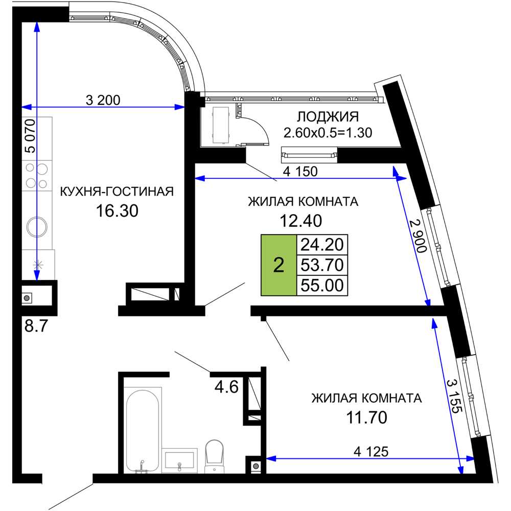 Планировка 2-комнатная 55 м²
