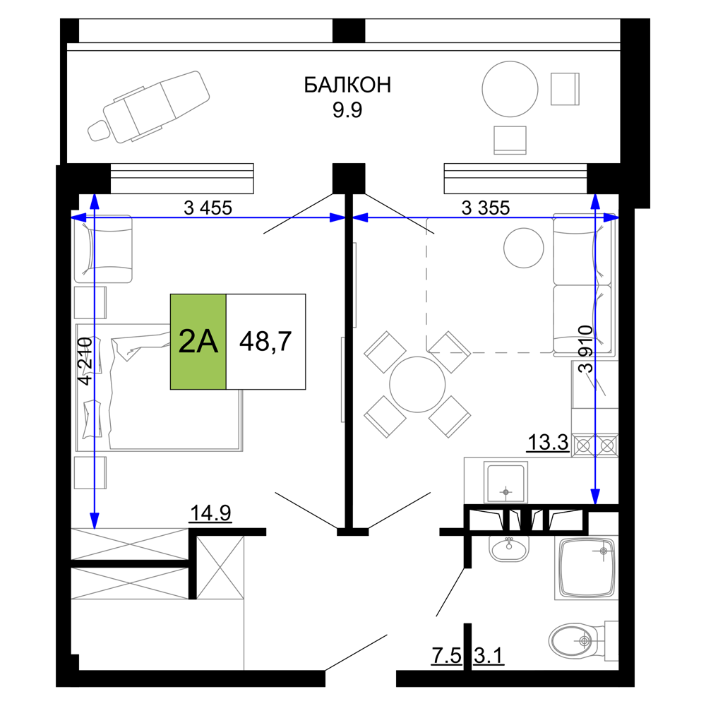 Планировка 2-комнатная 48,7 м²