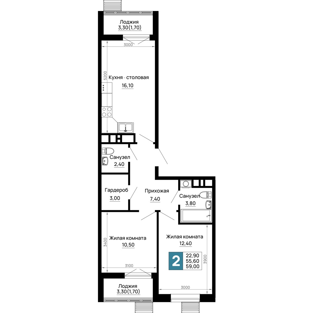 Планировка: 2-комн. квартира 59 м²
