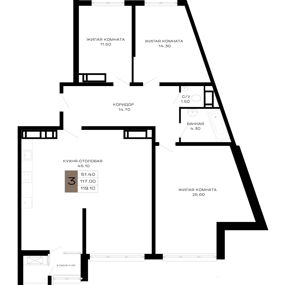 Планировка 3-комнатная 119,38 м²