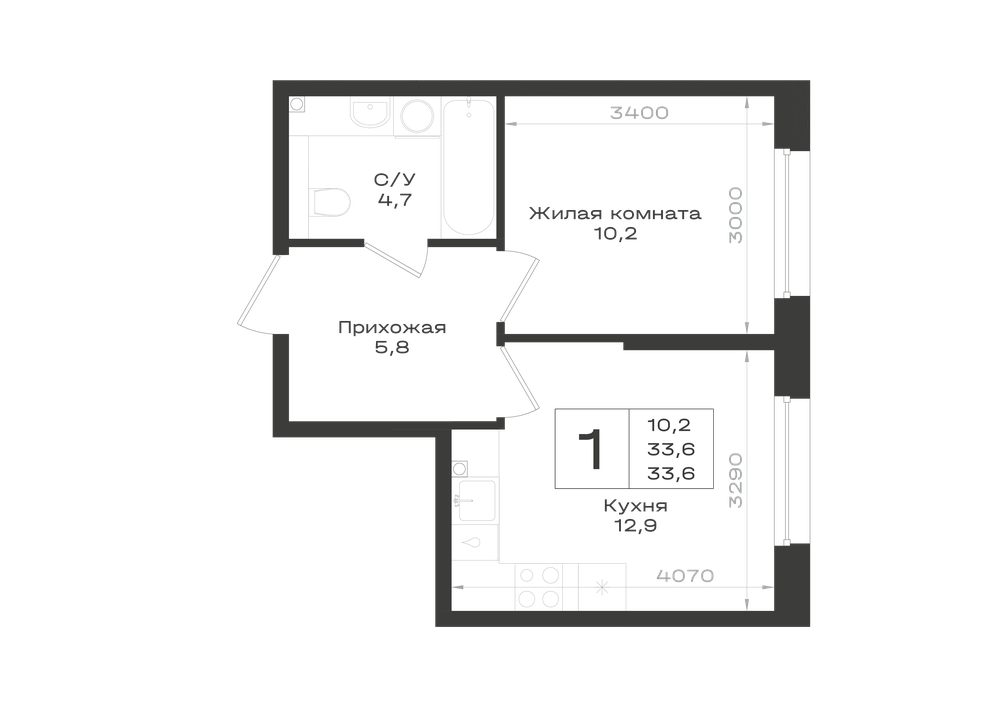 Планировка 1-комнатная 33,6 м²