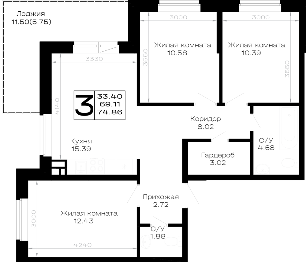 Планировка 3-комнатная 74,86 м²