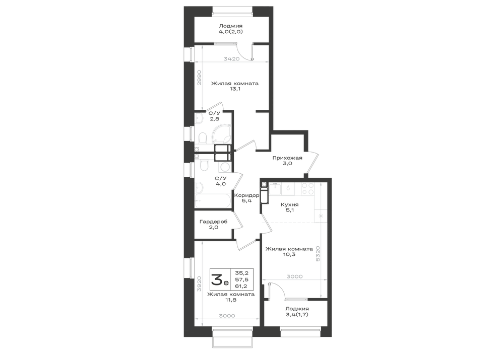 Планировка 3-комнатная 61,2 м²