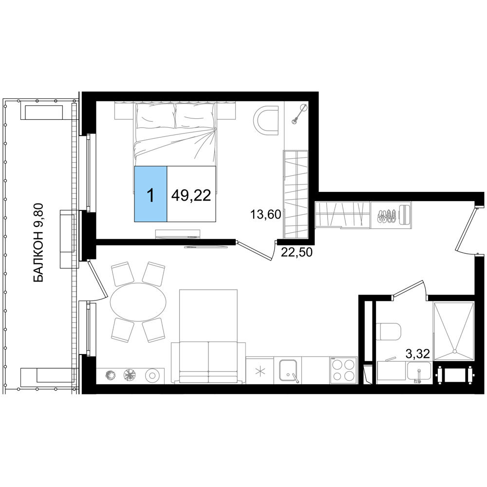 Планировка 2-комнатная 49,22 м²