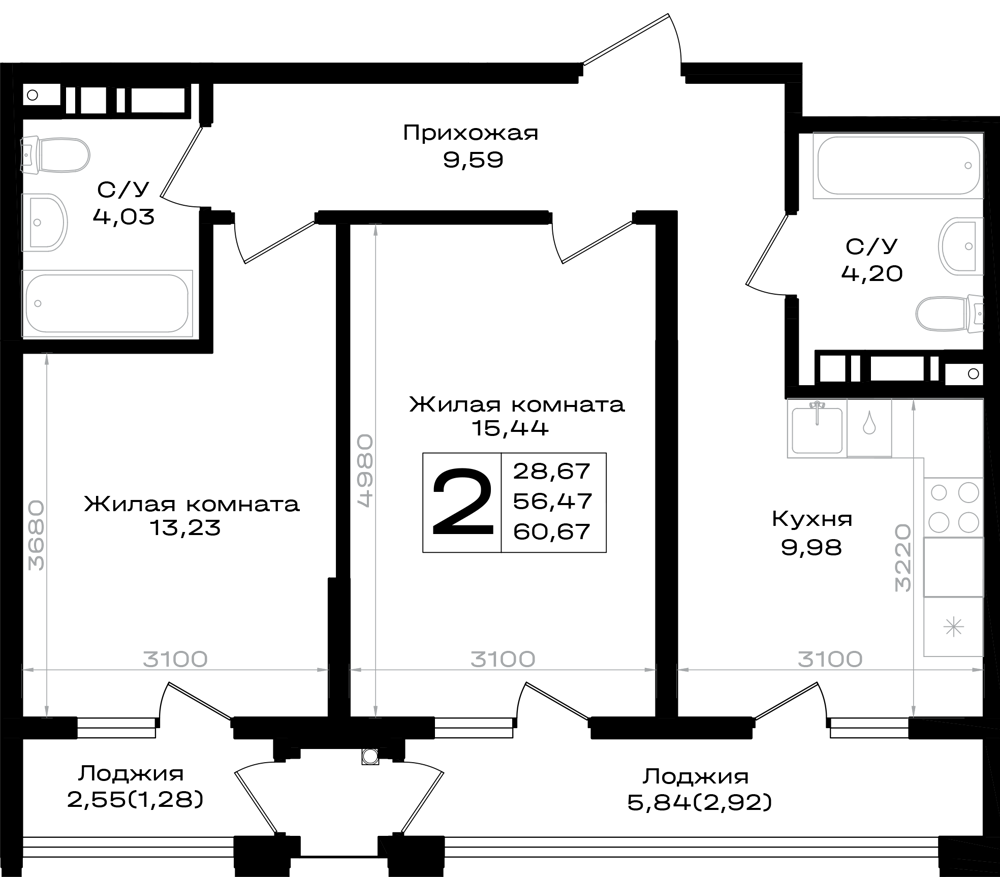 Планировка 2-комнатная 60,67 м²
