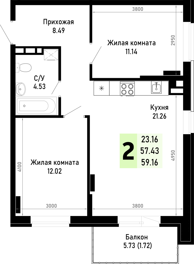 Планировка 2-комнатная 59,16 м²