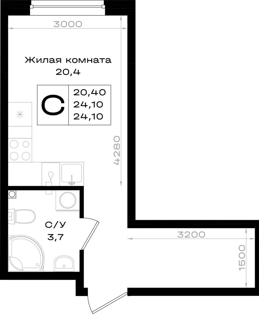 Планировка Студия 24,1 м²
