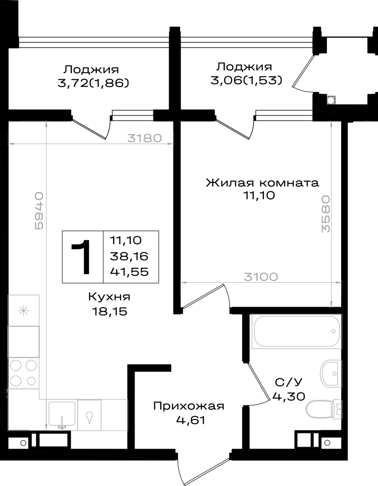 Планировка 1-комнатная 41,55 м²
