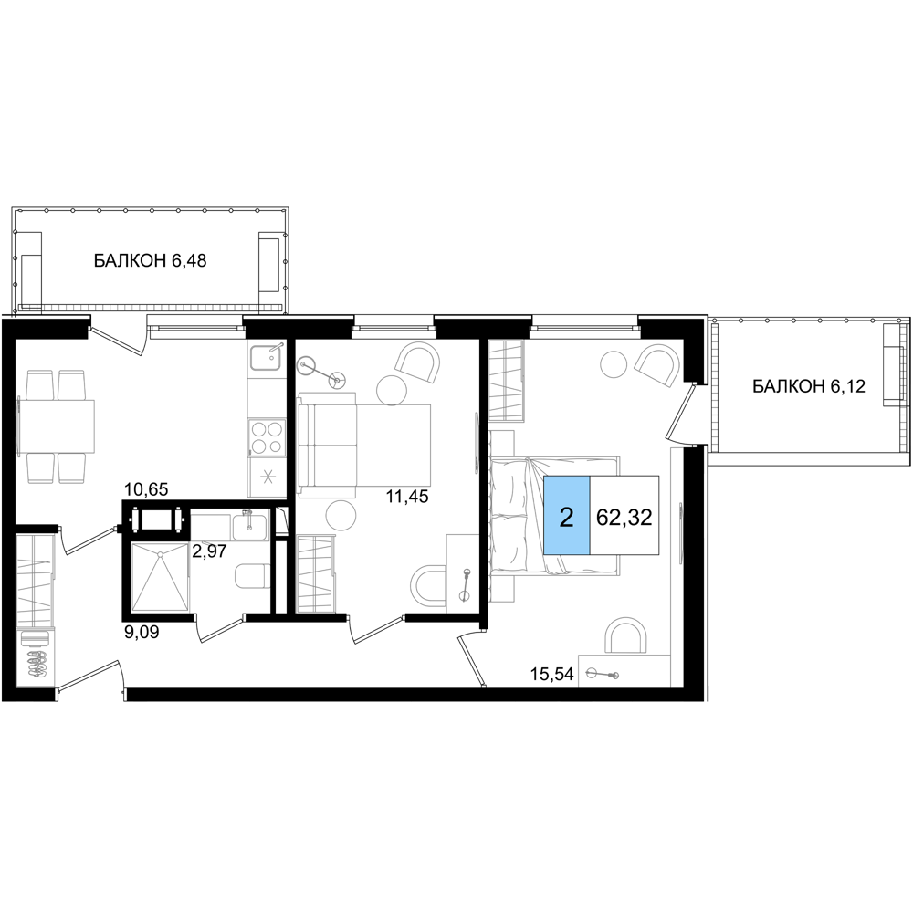 Планировка 3-комнатная 62,3 м²