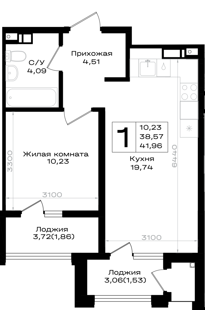 Планировка: 1-комн. квартира 42 м²