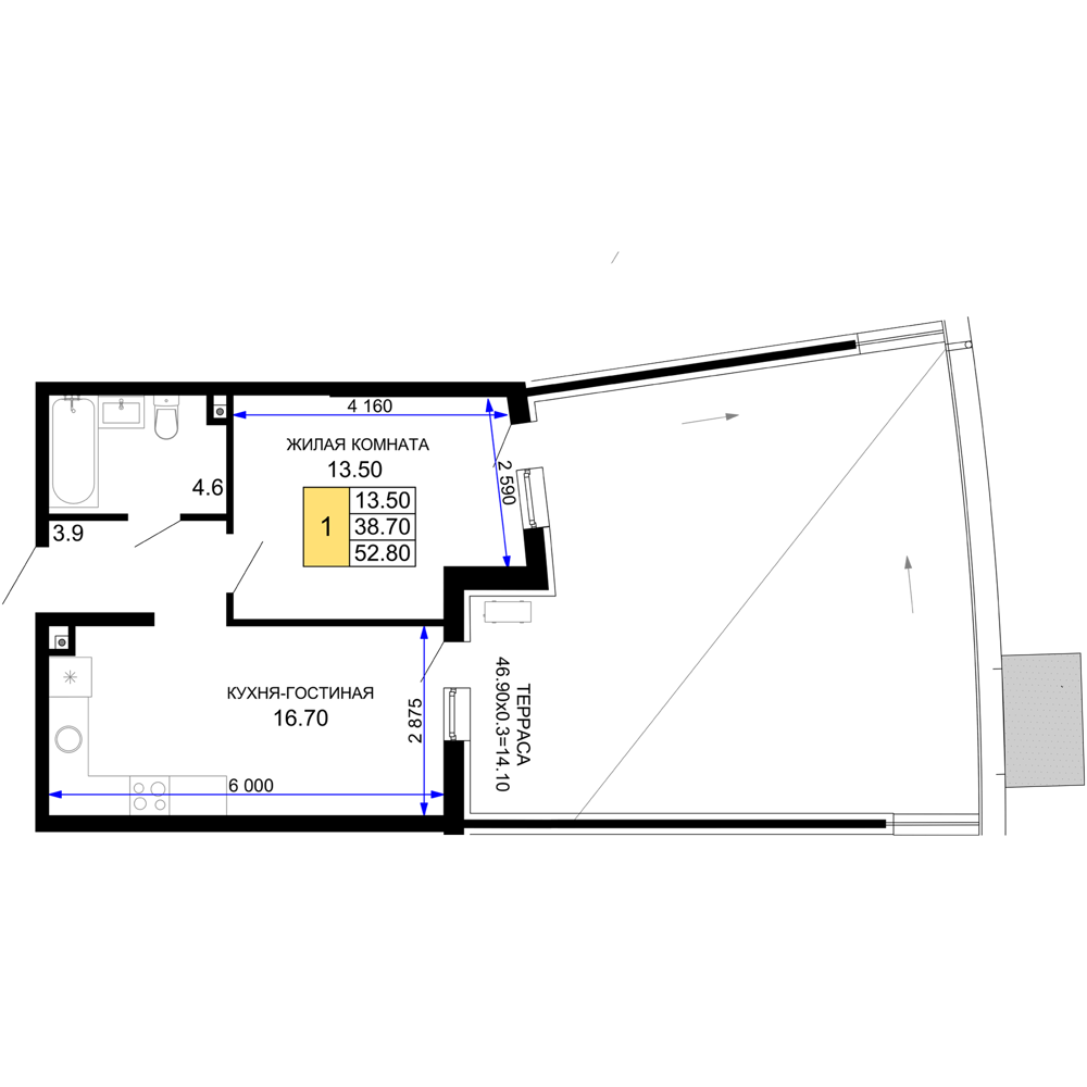 Планировка: 1-комн. квартира 52,8 м²