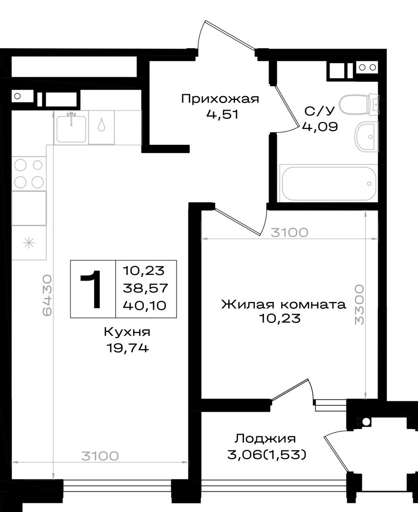 Планировка 1-комнатная 40,1 м²