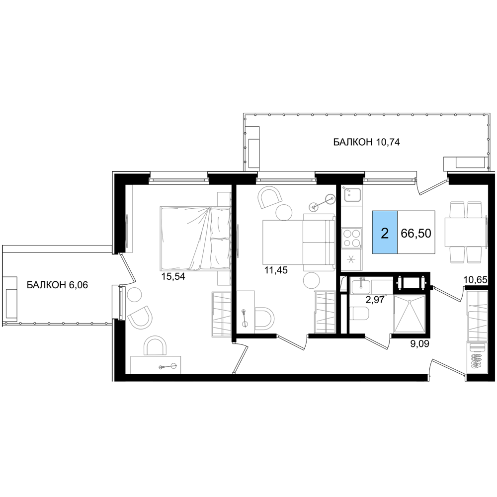 Планировка 3-комнатная 66,5 м²