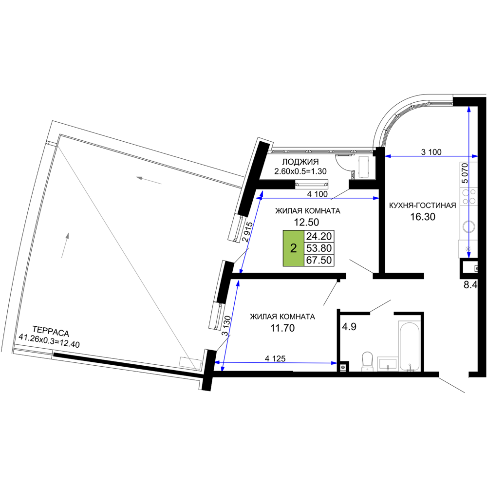 Планировка 2-комнатная 67,5 м²