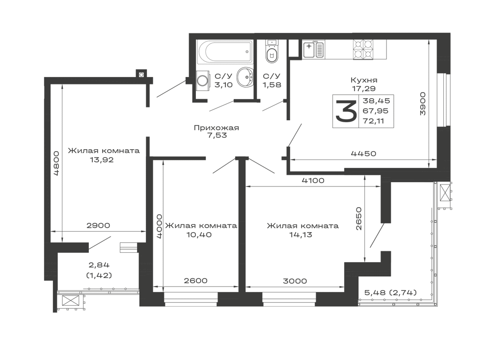 Планировка: 3-комн. квартира 72,1 м²
