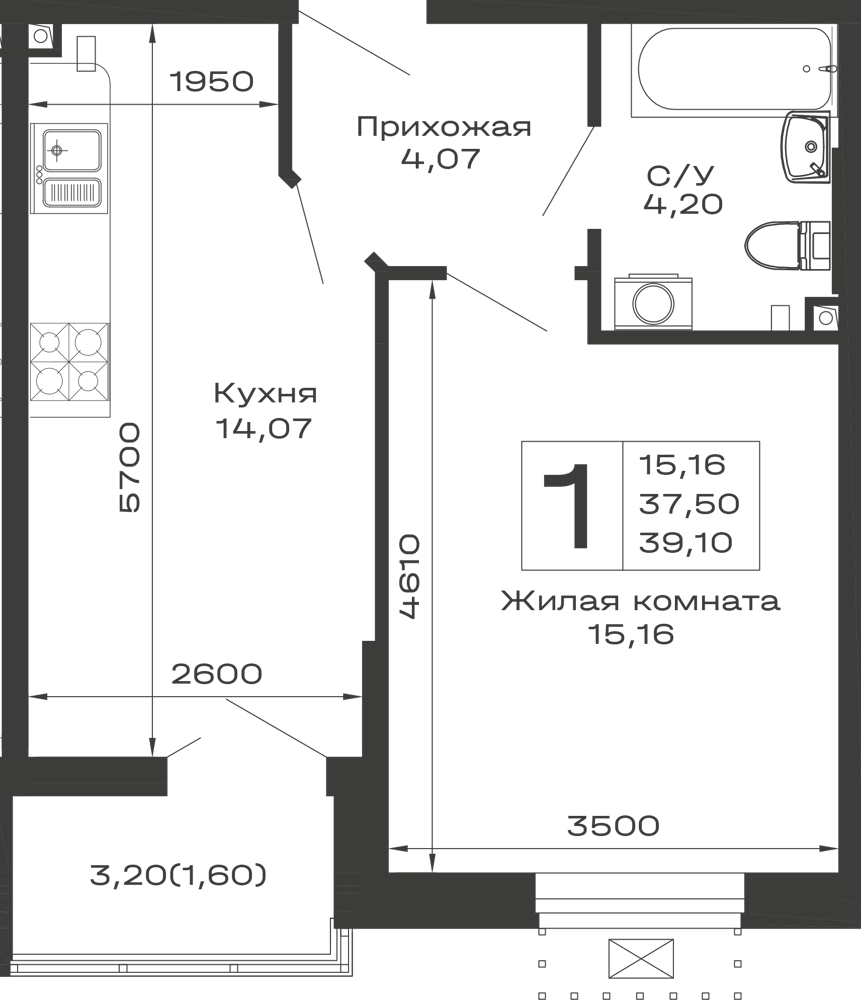 Планировка: 1-комн. квартира 39,1 м²