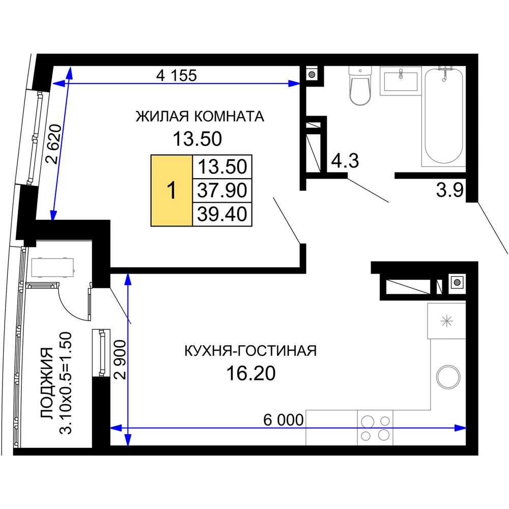 Планировка 1-комнатная 39,4 м²