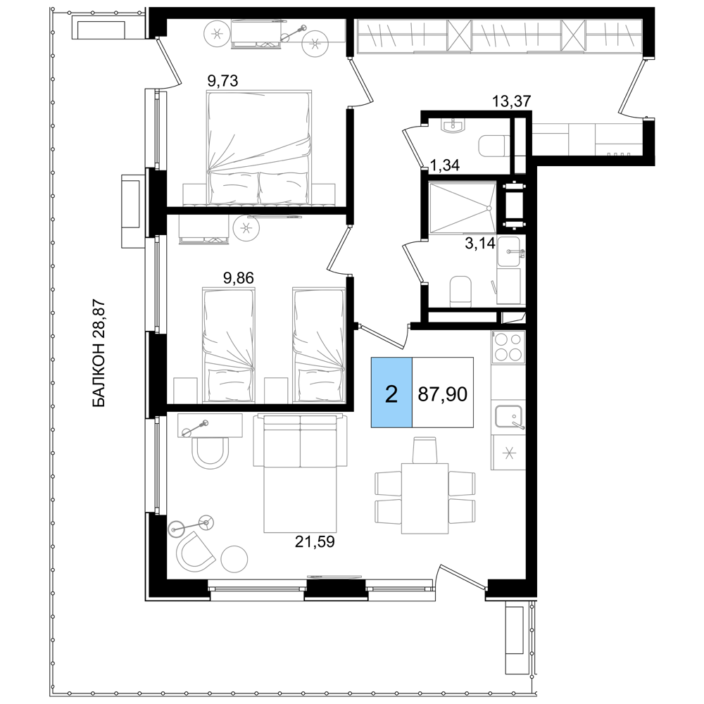 Планировка 3-комнатная 87,9 м²