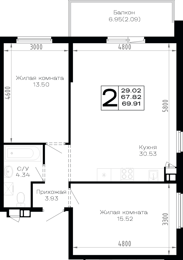 Планировка: 2-комн. квартира 69,9 м²