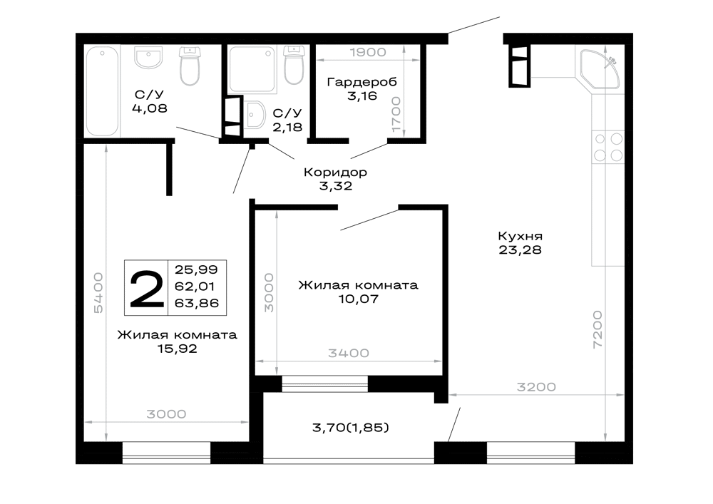 Планировка: 2-комн. квартира 63,9 м²