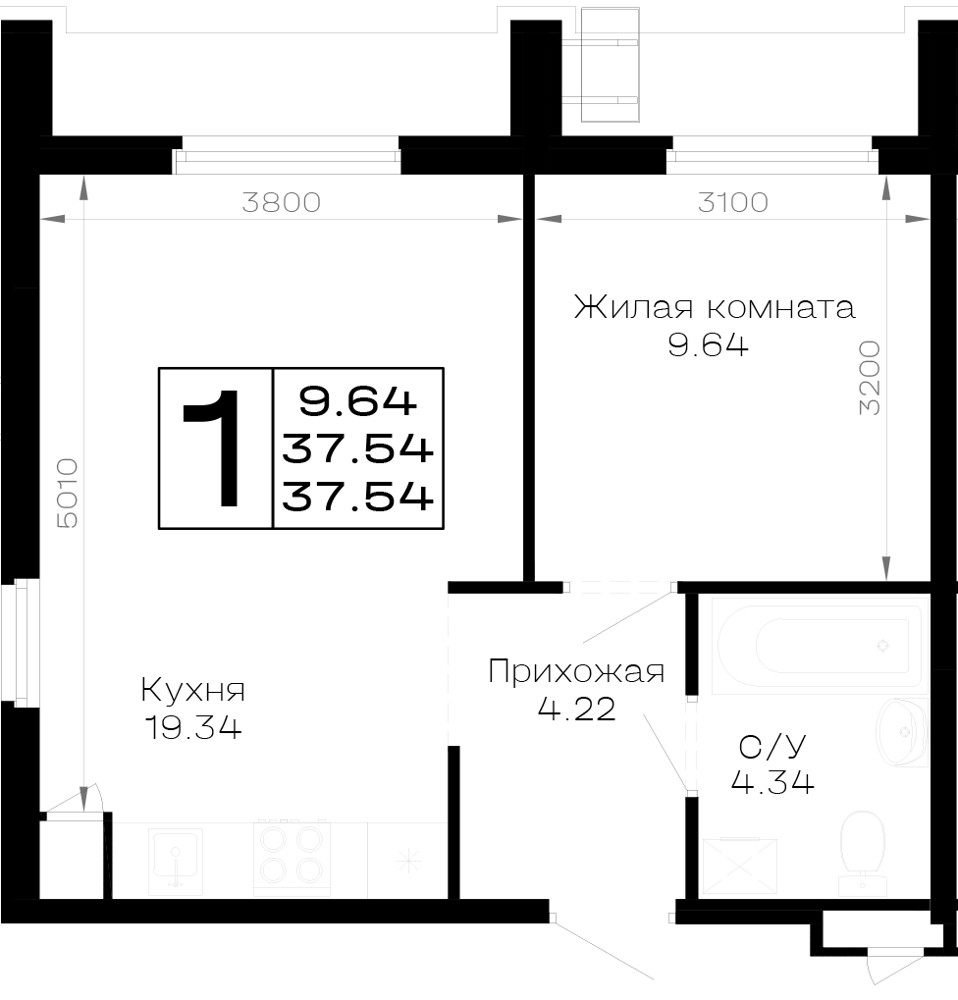 Планировка 1-комнатная 37,54 м²