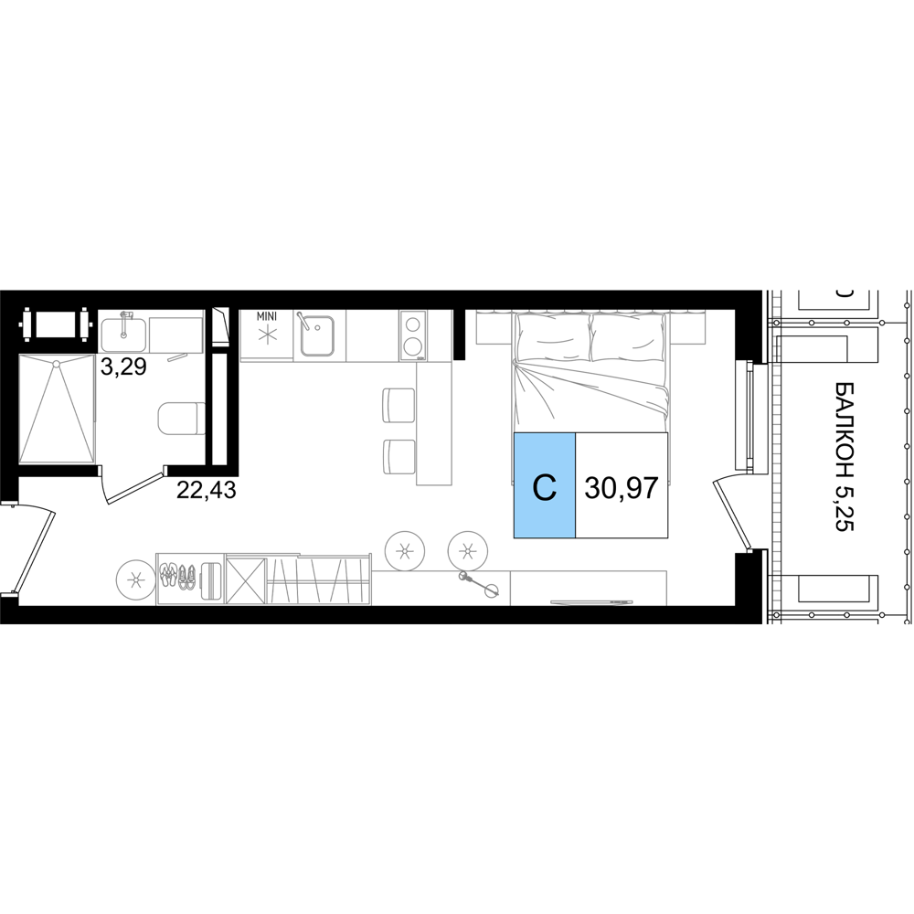Планировка 1-комнатная 30,95 м²