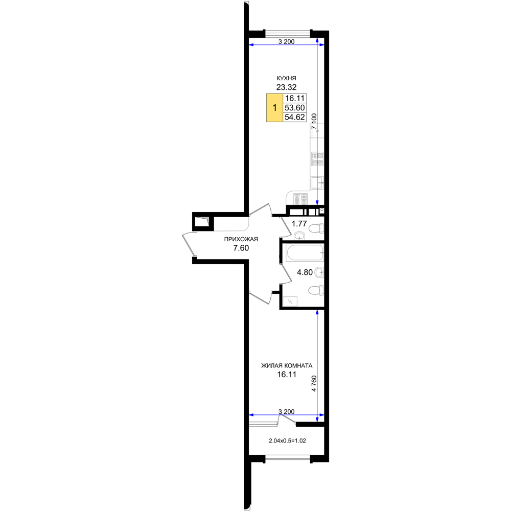 Планировка 1-комнатная 54,62 м²