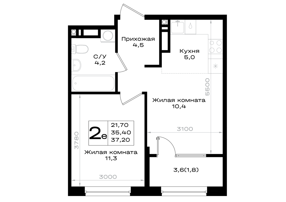 Планировка 2-комнатная 37,2 м²