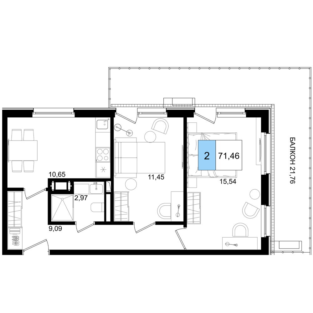 Планировка 3-комнатная 71,46 м²
