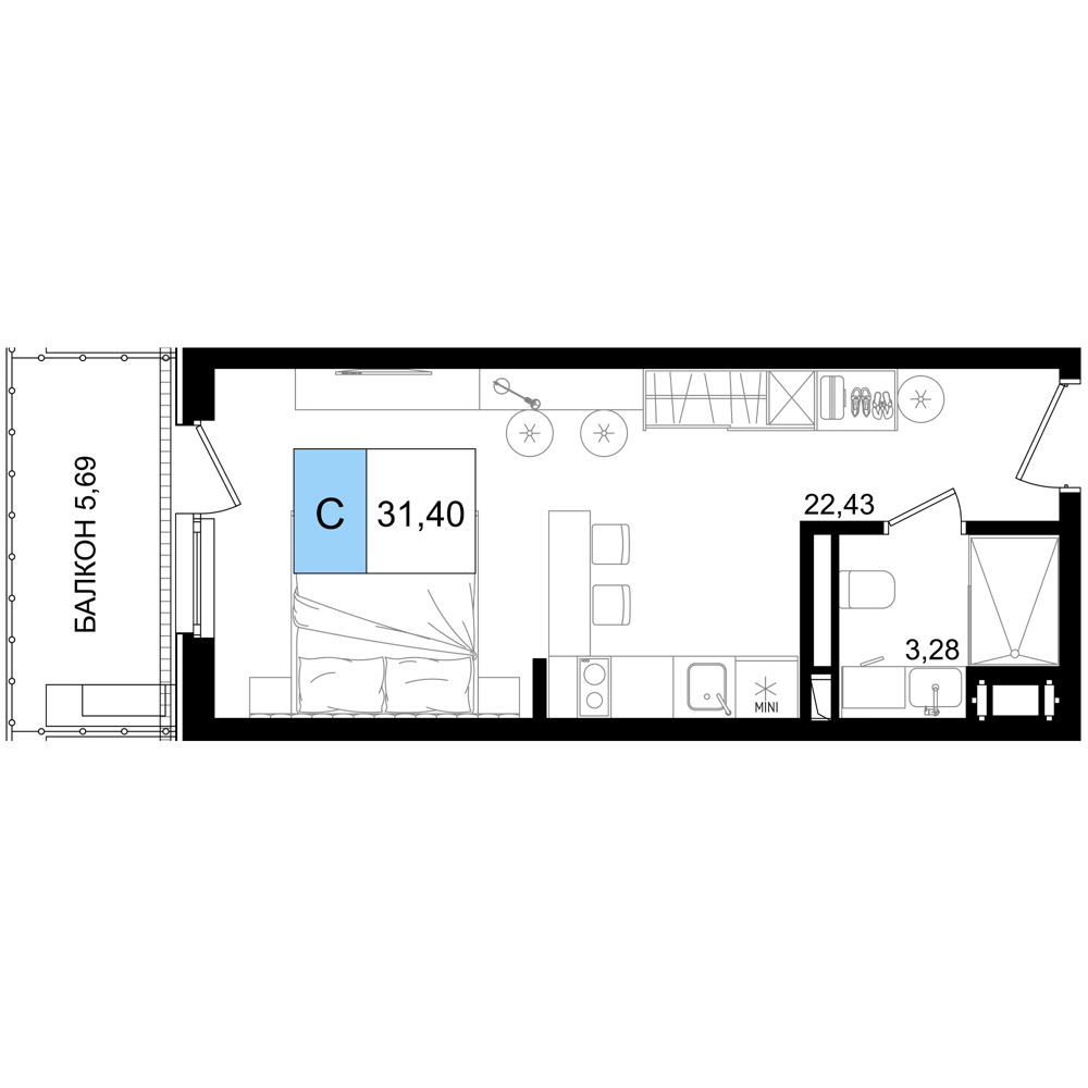 Планировка 1-комнатная 31,4 м²