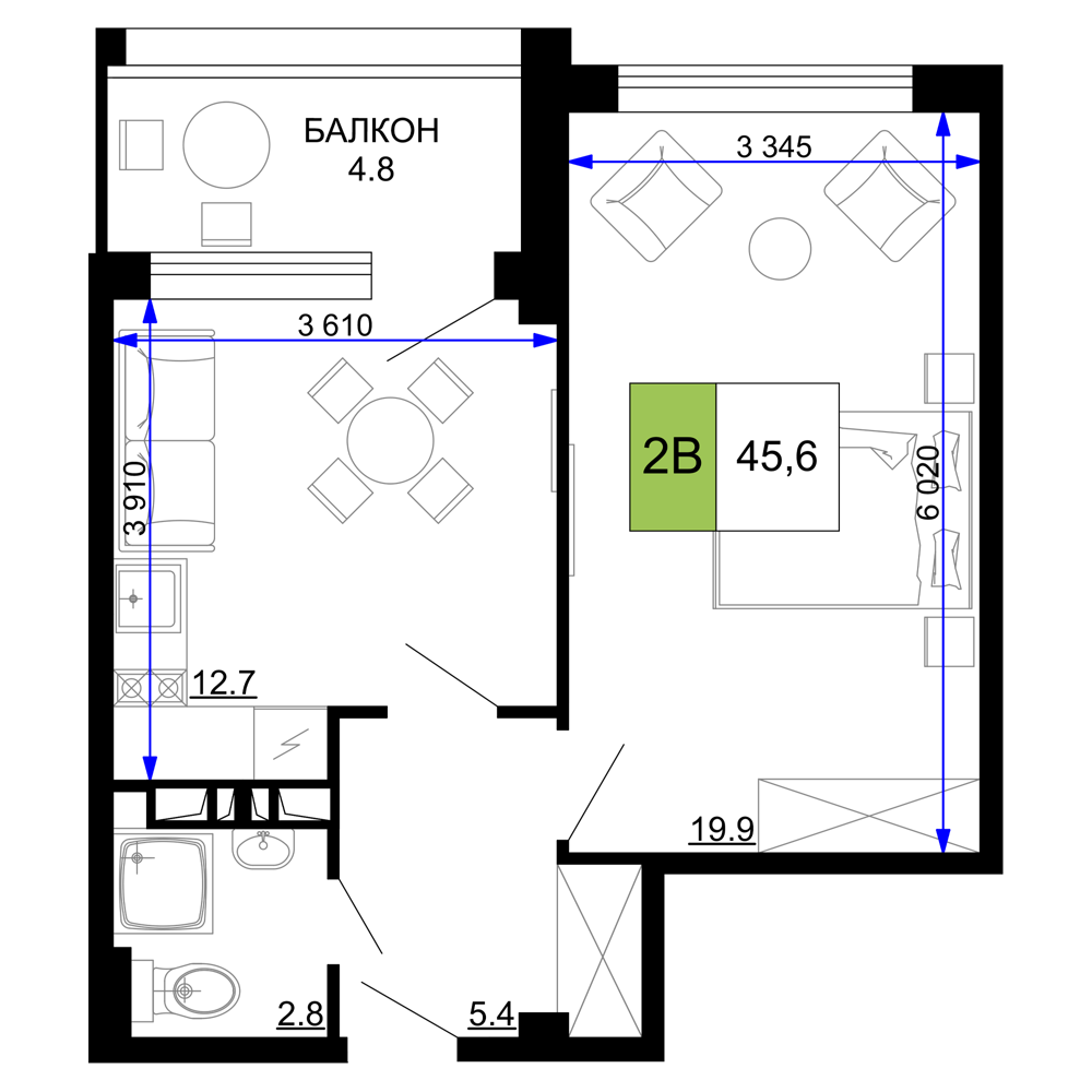 Планировка 2-комнатная 45,6 м²