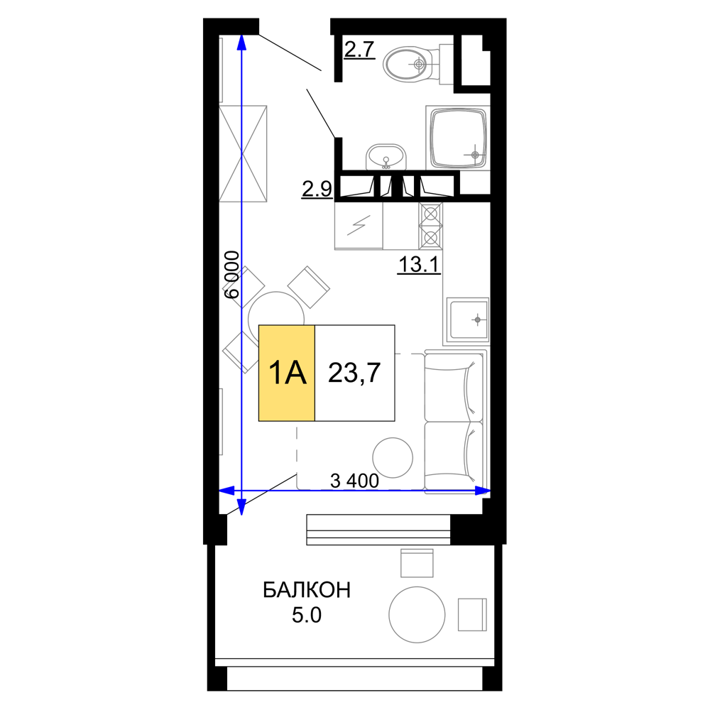 Планировка 1-комнатная 23,7 м²