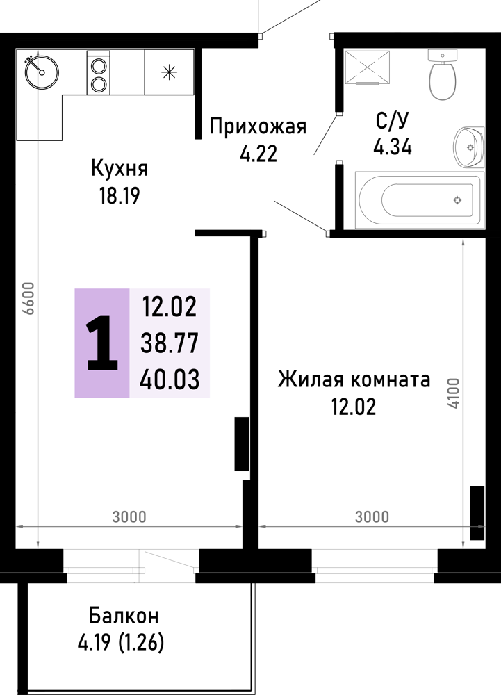 Планировка 1-комнатная 40,03 м²