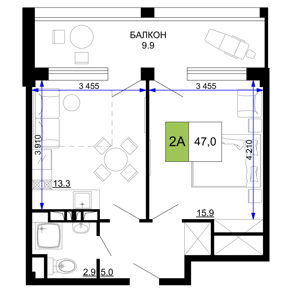 Планировка 2-комнатная 47 м²