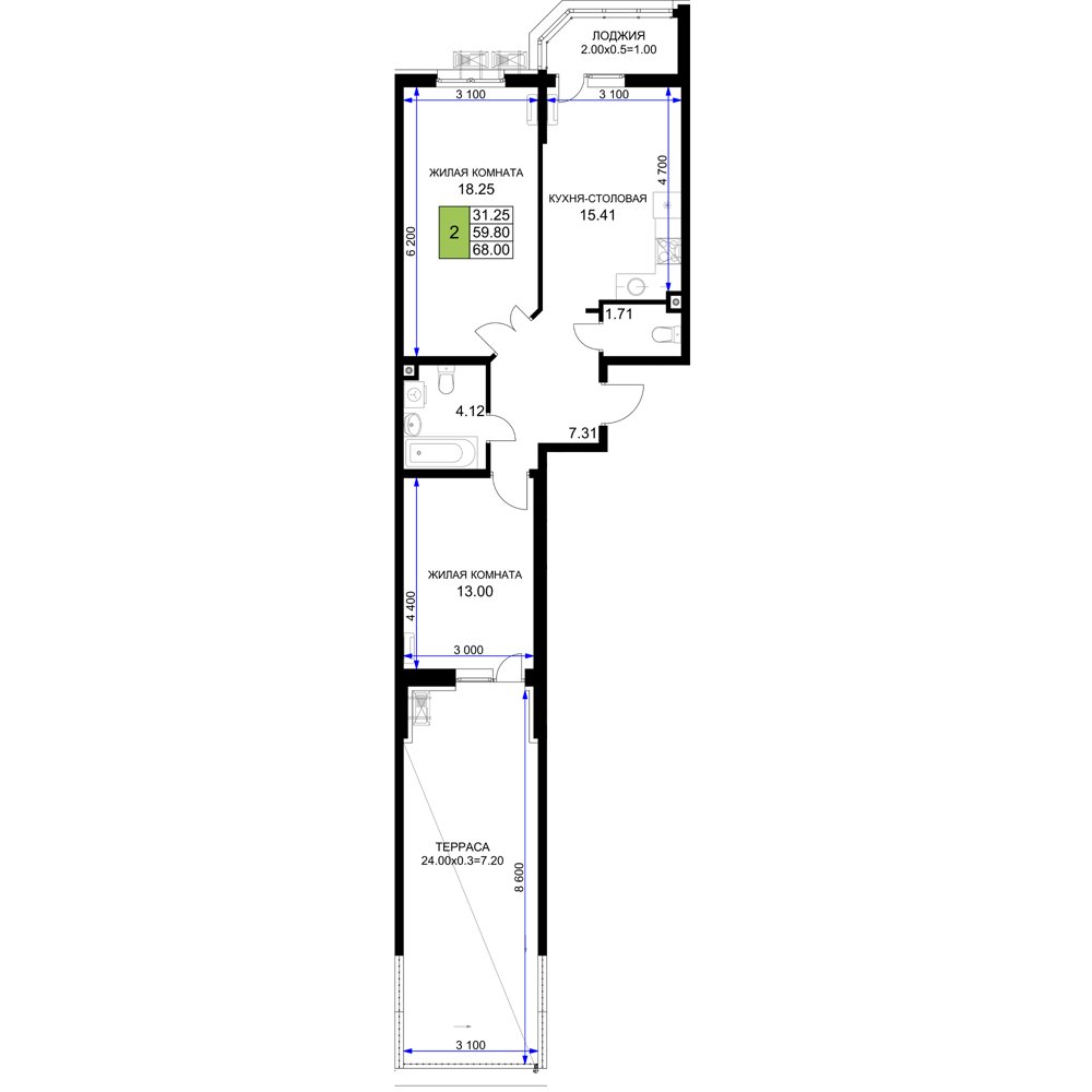 Планировка 2-комнатная 68 м²