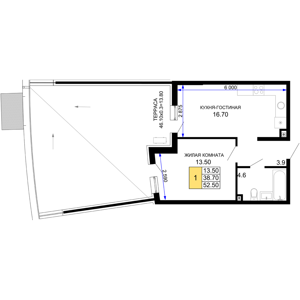 Планировка 1-комнатная 52,5 м²