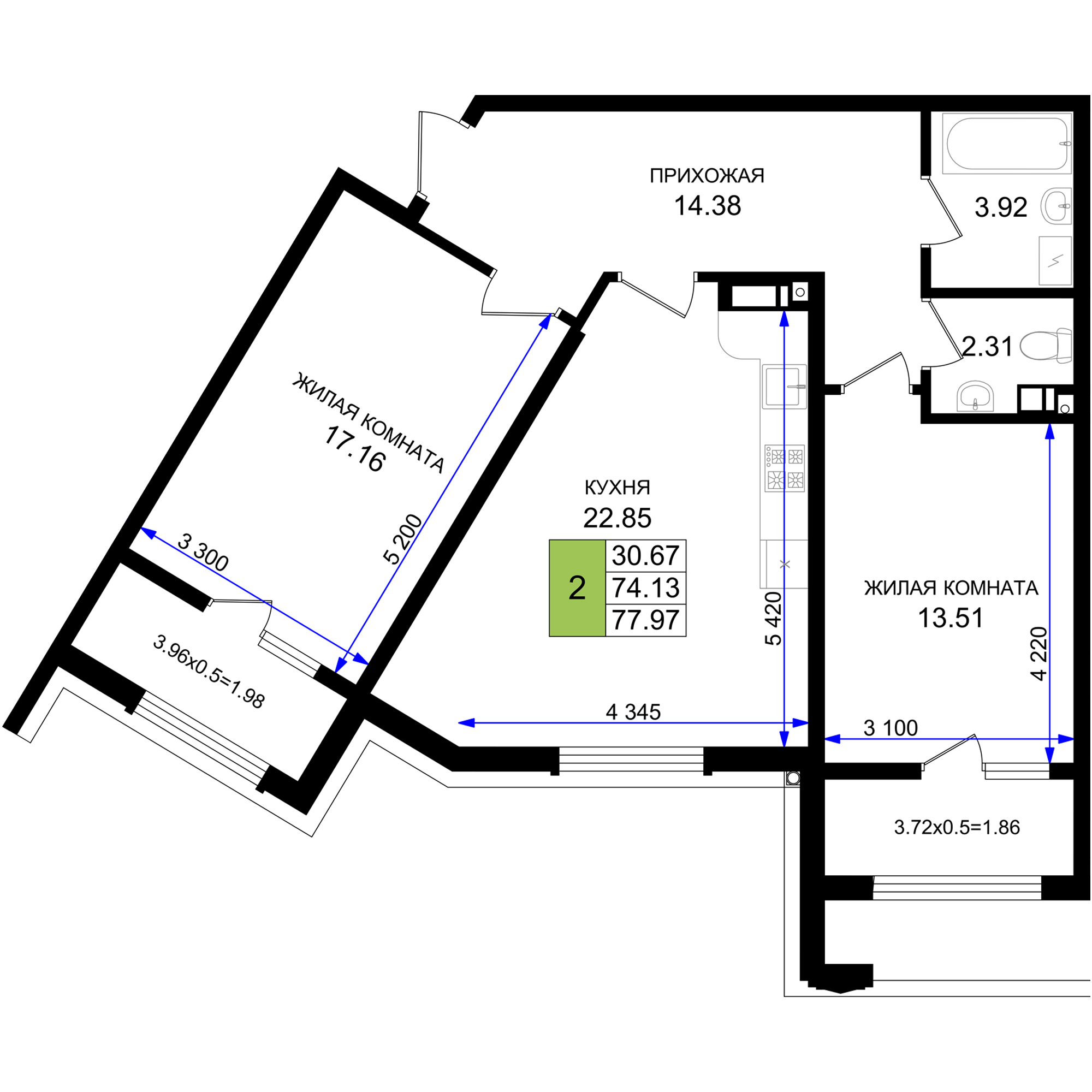 Планировка: 2-комн. квартира 78 м²