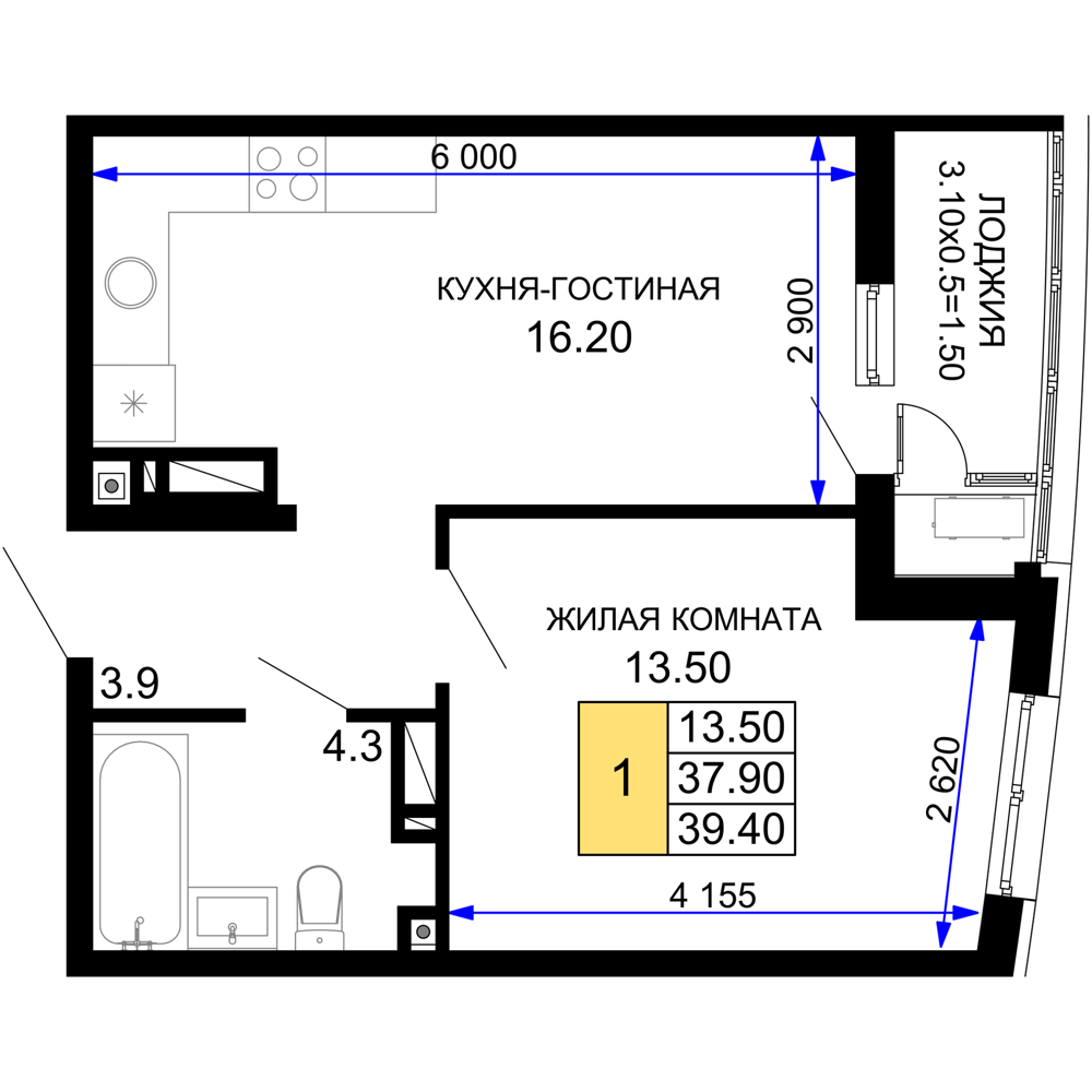 Планировка 1-комнатная 39,4 м²