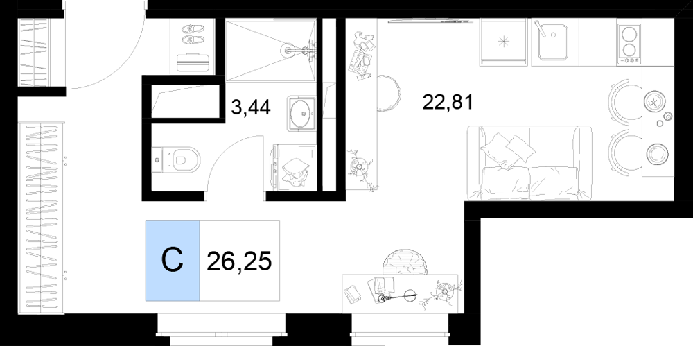 Планировка 1-комнатная 26,25 м²