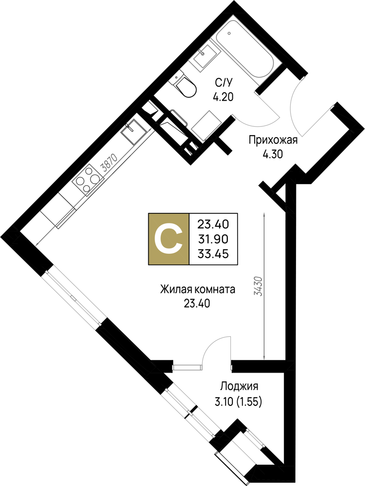 Планировка Студия 33,45 м²