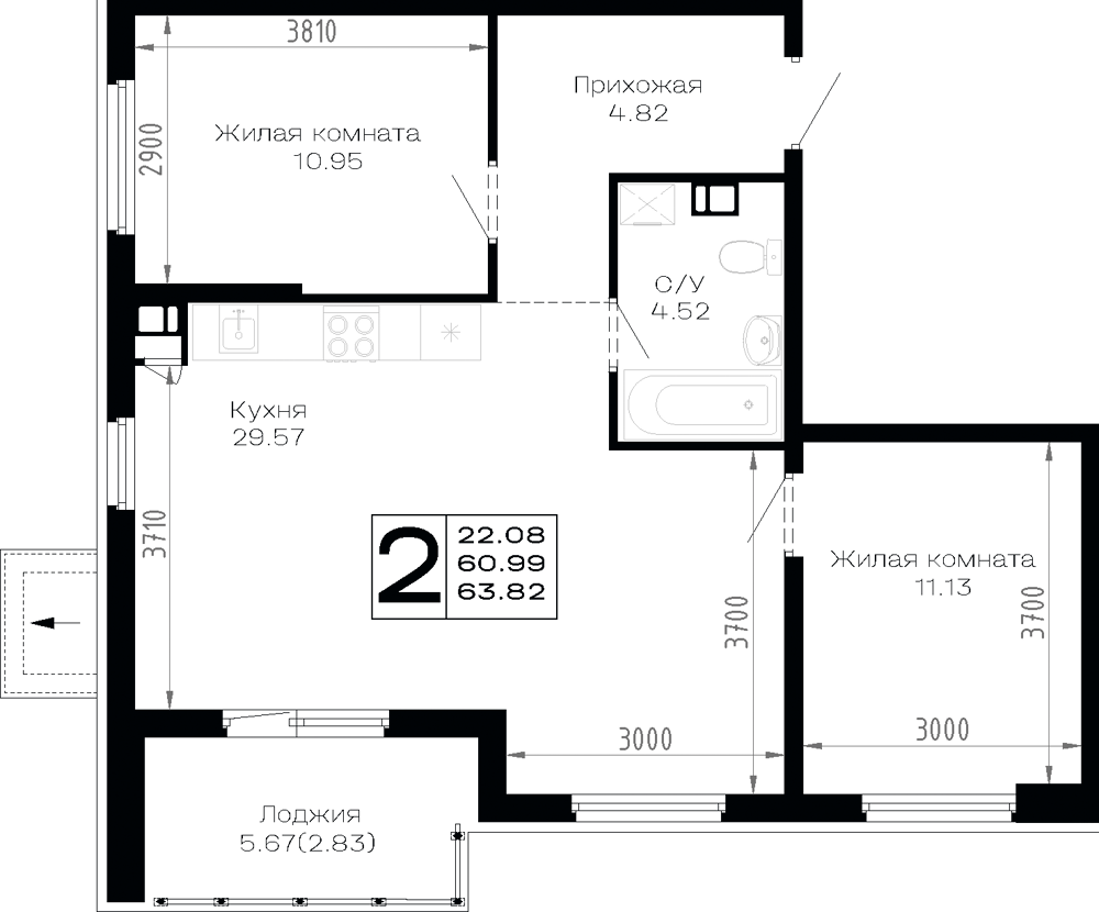 Планировка: 2-комн. квартира 63,8 м²