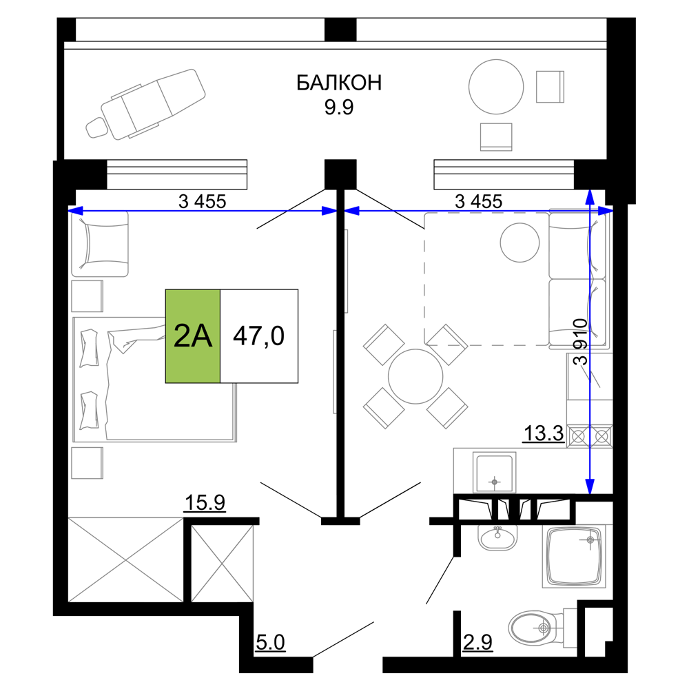 Планировка 2-комнатная 47 м²