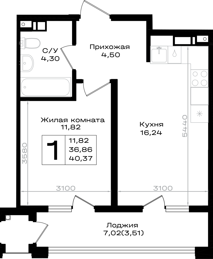 Планировка: 1-комн. квартира 40,4 м²