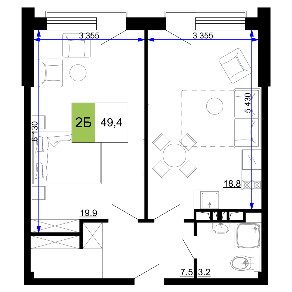 Планировка 2-комнатная 49,4 м²