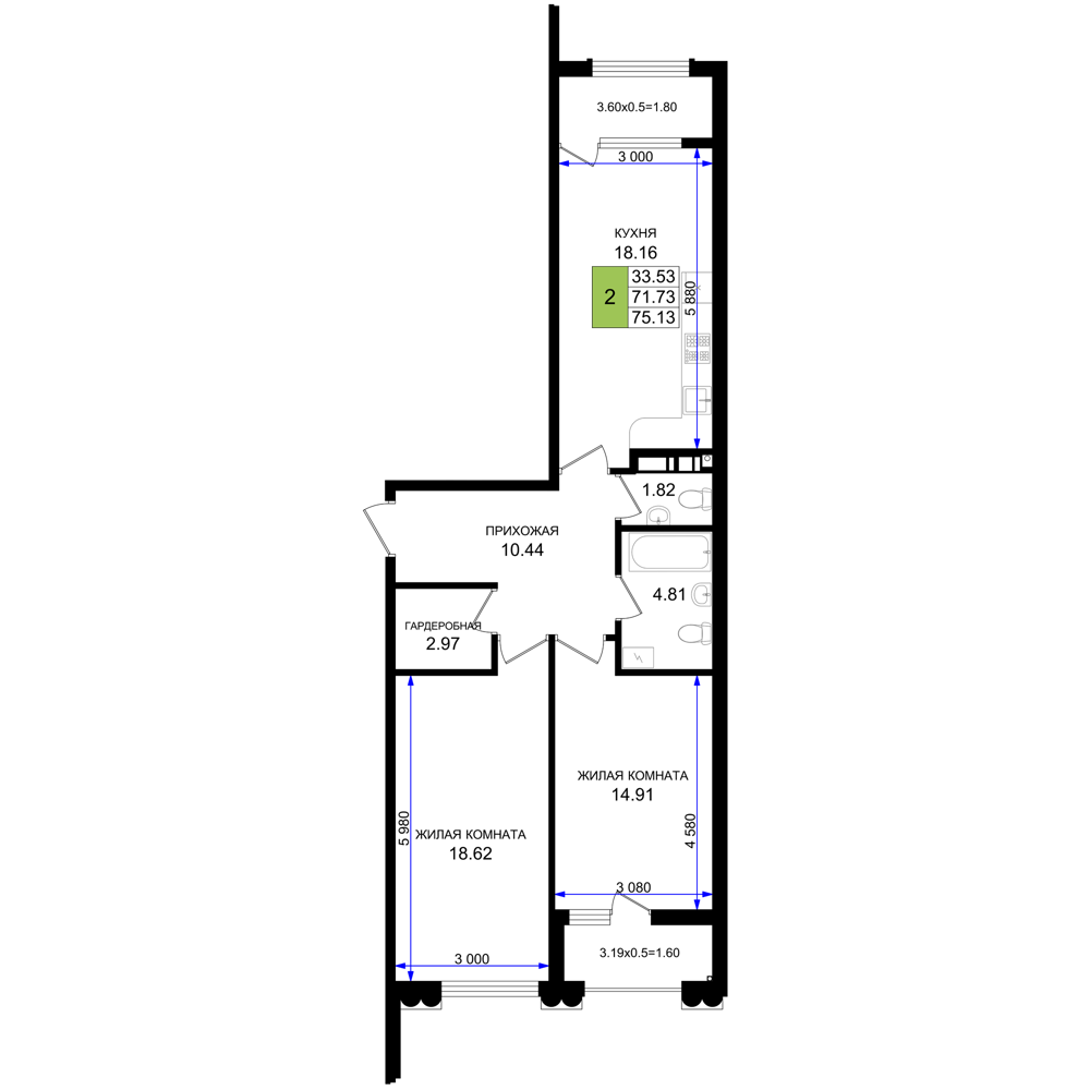 Планировка: 2-комн. квартира 75,1 м²