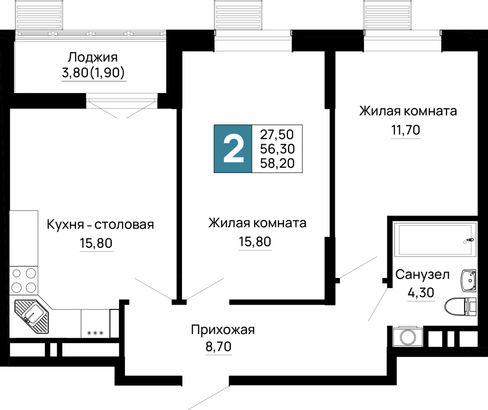 Планировка 2-комнатная 58,2 м²