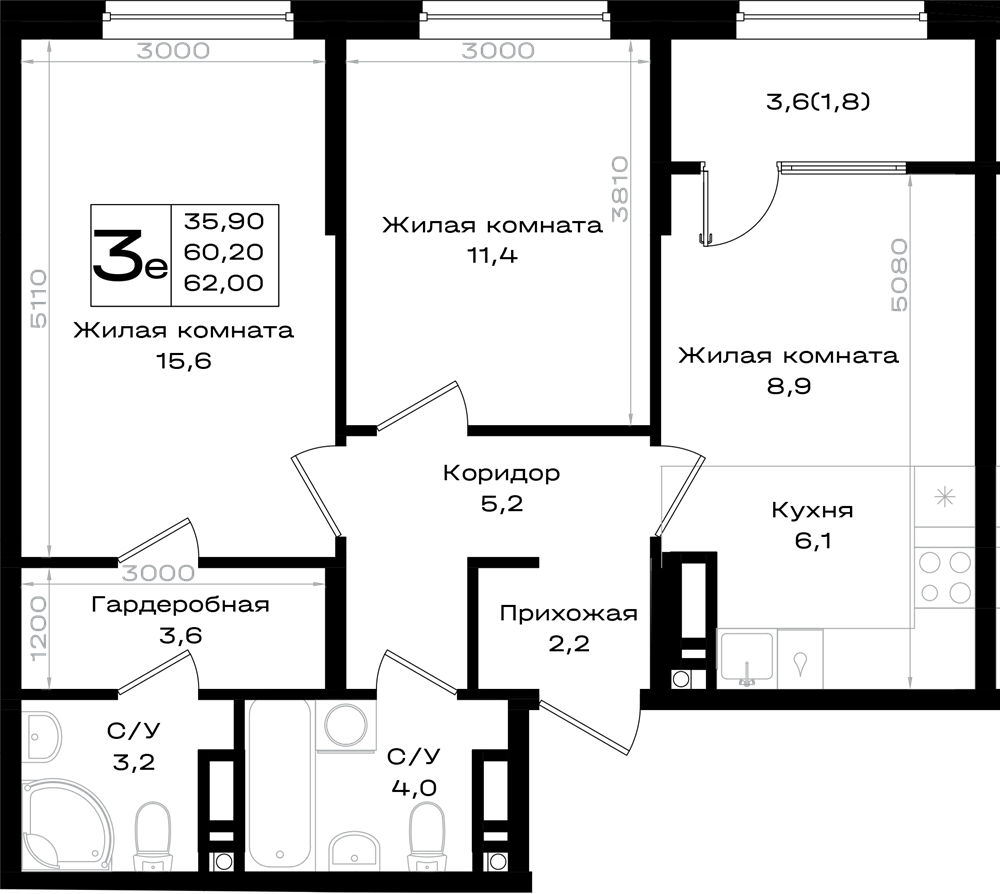 Планировка 3-комнатная 62 м²